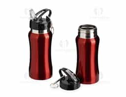 Squeeze em inox com capacidade para até 500ml. Possui tampa rosqueável em plástico com alça fixa e bico flip. Acompanha canudo interno removível e mosquetão metálico com argola.