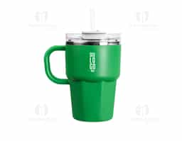 Caneca de parede dupla com interior em inox 304, revestimento externo e alça em plástico polipropileno (PP) e capacidade máxima de 550ml. Possui tampa de pressão em AS com protetor para o bocal em PP, além de acesso para canudo e anel de vedação em silicone, permitindo duas formas de consumo de bebidas. Acompanha canudo plástico.