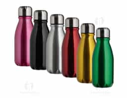 Garrafa em alumínio com tampa rosqueável e capacidade máxima de 400ml.