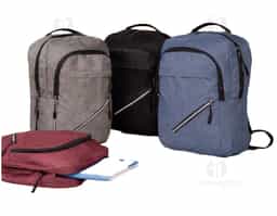 Mochila em tecido Oxford resistente à água com capacidade máxima de 18 litros. Possui compartimento principal com quatro bolsos pequenos e divisória acolchoada para notebook de até 15,6 polegadas. Apresenta um compartimento frontal e dois bolsos em tamanhos diferentes, um deles com faixa refletiva na área do zíper, além de um bolso e um adaptador USB posicionados em laterais opostas. Dispõe de alça superior de mão e duas alças de ombro, estas com revestimento em tecido respirável. Obs.: A posição do adaptador USB pode variar conforme o lote do produto.