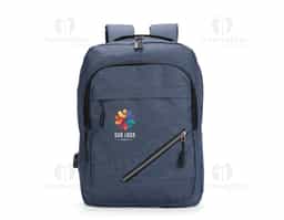 Mochila em tecido Oxford resistente à água com capacidade máxima de 18 litros. Possui compartimento principal com quatro bolsos pequenos e divisória acolchoada para notebook de até 15,6 polegadas. Apresenta um compartimento frontal e dois bolsos em tamanhos diferentes, um deles com faixa refletiva na área do zíper, além de um bolso e um adaptador USB posicionados em laterais opostas. Dispõe de alça superior de mão e duas alças de ombro, estas com revestimento em tecido respirável. Obs.: A posição do adaptador USB pode variar conforme o lote do produto.