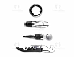 Kit vinho composto por 4 itens: saca-rolhas de dois estágios em inox, anel corta-gotas (wine collar) em liga de zinco, com revestimento em feltro, bico dosador em liga de zinco, com detalhes em silicone, e tampa de bico em inox, com partes em zinco e silicone. Acompanha estojo em MDF com pés antiderrapantes, revestimento interno em espuma de EVA e tecido de textura acetinada, dobradiças, fecho giratório e alça para transporte em metal.