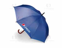 Guarda-chuva em poliéster com abertura automática por botão em plástico. Possui estrutura com haste em metal, pegador em polipropileno (PP) com acabamento semelhante à madeira, oito varetas metálicas e faixa para fechamento em velcro.
