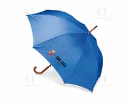 Guarda-chuva em poliéster com abertura automática por botão metálico. Possui estrutura com haste e pegador em madeira de bétula, oito varetas metálicas e faixa para fechamento em velcro.