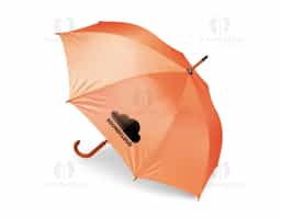Guarda-chuva em poliéster com abertura automática por botão metálico. Possui estrutura com haste e pegador em madeira de bétula, oito varetas metálicas e faixa para fechamento em velcro.