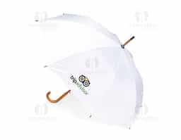 Guarda-chuva em poliéster com abertura automática por botão metálico. Possui estrutura com haste e pegador em madeira de bétula, oito varetas metálicas e faixa para fechamento em velcro.