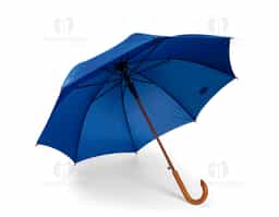 Guarda-chuva em poliéster com abertura automática por botão metálico. Possui estrutura com haste e pegador em madeira de bétula, oito varetas metálicas e faixa para fechamento em velcro.