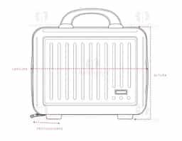 Frasqueira de viagem em plástico ABS com capacidade máxima de 10 litros. Possui compartimento interno com revestimento em poliéster, fechamento em zíper e bolso em tela de malha em uma das laterais, além de cinta compressora de engates plástico na outra. Apresenta quatro apoios reforçados na parte inferior, duas alças de mão, engate elástico para alças de malas e fechamento externo em zíper. Acompanha placa metálica para personalização.