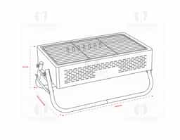 Churrasqueira em ferro com aberturas para ventilação e pés montáveis, que também podem ser utilizados como alças para transporte quando a churrasqueira não estiver em uso. Conta ainda com grelha em metal galvanizado e bandeja metálica com alças removíveis para acomodação do carvão.
