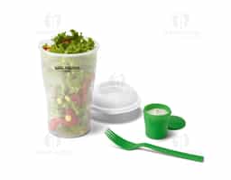 Copo para salada. PP. Com garfo e molheira. Capacidade: 850 ml. Apta para microondas (retirar a tampa)