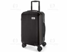 Mala de viagem executivo. ABS e PET. Interior forrado, com divisória. 4 rodas duplas giratórias. Pega extensível em alumínio, com mola (altura pega estendida até 530 mm). Fecho de segurança com senha. Placa metálica removível, para fácil gravação. Capacidade até 33 L