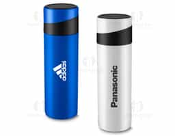 Garrafa em aço inox parede dupla 400 ml, conserva a temperatura quente ou fria, com apoio para celular na tampa.