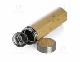 Garrafa de bambu e inox 500ml com parede dupla e infusor. Conserva temperatura quente ou fria.