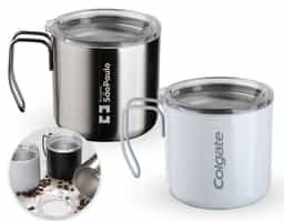 Caneca 350 ml parede dupla em Inox, com pegador de inox, contém tampa transparente com compartimento para beber.