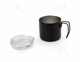 Caneca 350 ml parede dupla em Inox, com pegador de inox, contém tampa transparente com compartimento para beber.