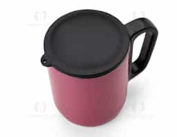 Caneca 250 ml parede dupla em Inox, com pegador de plástico, contém tampa plástica para vedação e base com EVA antiderrapante.