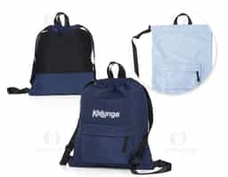 Mochila saco em poliéster com detalhes em nylon. Contém bolso de zíper na parte frontal, alça de mão e alças de nylon para as costas. Tecido resistente a água e parte traseira em material antitranspirante.