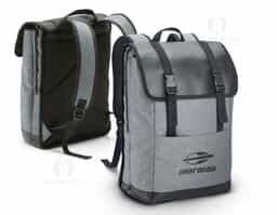Mochila para notebook em 600D de alta densidade e tarpaulin com 2 compartimentos. Compartimento posterior forrado, com diversos bolsos interiores e 2 divisórias almofadadas para notebook até 17'' e tablet 10.5''. Compartimento frontal forrado