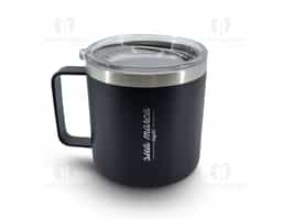 Caneca térmica de inox 450ml com parede dupla e tampa com acesso ao bocal.