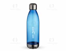 Squeeze plástico 700ml formato garrafa. Corpo transparente colorido, possui tampa e base em alumínio.