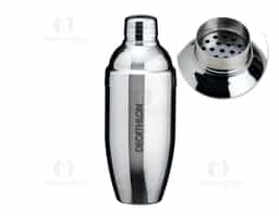 Coqueteleira de inox com capacidade para 750ml, contém tampa de pressão com peneira e tampa protetora.
