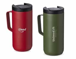 Caneca térmica de inox em parede dupla livre de BPA, capacidade de 400ml. Contém base antiderrapante e tampa plástica com bocal e trava de segurança.