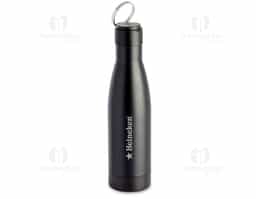 Garrafa térmica em aço inox isolada a vácuo com parede dupla, tampa de plástico com alça de transporte de aço inoxidável. Com capacidade de até 500ml.