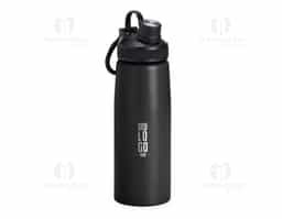 Squeeze inox 900ml com tampa plástica, bocal com tampa protetora e alça para transporte.