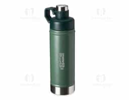 Garrafa térmica de parede dupla em inox, capacidade de 700ml. Tampa principal com bocal e tampa protetora com alça de transporte acoplada.