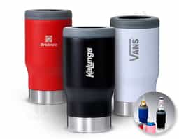 Copo térmico multiuso com parede dupla em inox, capacidade de 380ml. Pode ser utilizado como copo, porta long neck ou porta lata. Contém abridor de garrafa na parte inferior do copo.