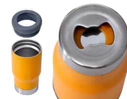 Copo térmico multiuso com parede dupla em inox, capacidade de 380ml. Pode ser utilizado como copo, porta long neck ou porta lata. Contém abridor de garrafa na parte inferior do copo.