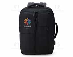 Mochila confeccionada em Nylon, 21 litros, com 4 compartimentos, sendo o principal com bolso para notebook de 15.6 polegadas. Possui dois bolsos externos, bolsos e divisórias internas para acessórios. A mochila possui suporte externo USB, alça com bolso integrado para cartões, alça para engate em malas de viagem e duas alças de mão, sendo uma delas para o transporte da mochila no formato pasta.