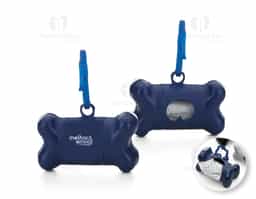 Kit saquinho coletor em formato de osso. Produzido em material plástico, o kit possui abertura lateral para encaixe do rolo e parte frontal vazada com dente plástico, permitindo puxar e destacar os saquinhos. Acompanha mosquetão e rolo de saquinhos.