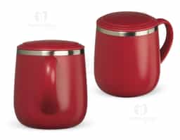 Caneca 370ml parede dupla em Inox, com pegador de plástico, contém tampa plástica para vedação e base com EVA antiderrapante.