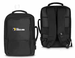 Mochila produzida em tecido de poliéster, alça de ombro e mão acolchoada,2 bolsos frontais e divisórias internas, aceita notebooks de até 15,6", porta USB na lateral da mochila, possui engate para mala de viagem.