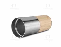 Copo térmico parede dupla em aço inox, detalhe em bambu na parte inferior, tampa plástica com anel de silicone para evitar vazamento, com capacidade de 550ml.