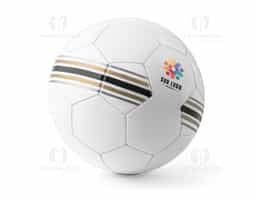 Bola de futebol em PVC, com linhas pretas, douradas e prateadas. Produto certificado conforme a portaria Inmetro nº 302 de 12/Jul/2021, garantindo qualidade e segurança. Tamanho 5, ideal para jogos e treinamentos.