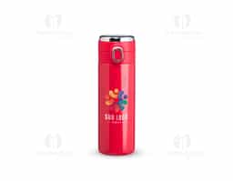 Garrafa térmica em inox 304 com parede dupla, com capacidade de 400ml. Possui tampa com botão de acionamento e área superior para personalização, além de película protetora para evitar arranhões.