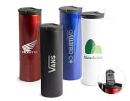 Copo térmico de inox com capacidade de 500ml. Possui base de EVA antiderrapante, tampa plástica com bocal e trava de segurança para evitar vazamentos.