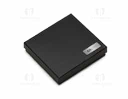 Kit executivo com 2 peças em estojo preto de papelão revestido com espuma interna. Possui uma caneta metal esfero laser e lanterna, clip metal e ao lado desenhos indicativos referente as funções, contém dois anéis prata, sendo o primeiro ao desrosquear fica o compartimento das baterias(acompanha 3 baterias CNB G3A) e o segundo anel é uma tampa com ponta touch, basta puxá-la para utilizar a caneta esfero. Porta cartão em couro sintético com detalhes em metal espelhado, parte interna revestida com veludo.