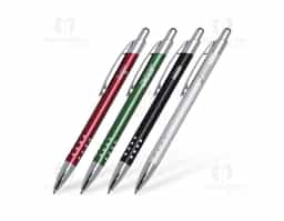 Caneta metálica com acabamento refinado e detalhes em cristal que conferem um toque de sofisticação. Possui carga esferográfica azul e acionamento por clique, unindo elegância e praticidade em um único acessório. Ideal para brindes corporativos ou uso pessoal com estilo.