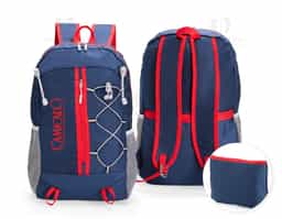 Mochila dobrável em poliéster resistente à água, com capacidade de até 20 litros. Quando dobrada, pode ser transportada como um estojo compacto. Aberta, conta com compartimento interno com divisória, bolso frontal amplo, dois bolsos laterais em rede com elástico, compartimento traseiro antifurto e alças com espuma respirável.