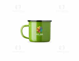 Caneca em inox com capacidade máxima de 370ml e pintura de acabamento esmaltado.