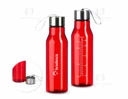 Garrafa plástica com capacidade máxima de 615ml e marcação de volume de 600ml. Possui tampa rosqueável em alumínio com alça de nylon para transporte.