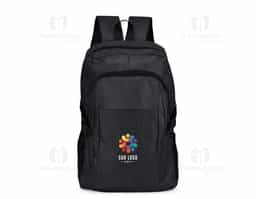 Mochila confeccionada em Oxford 300D resistente à água com capacidade máxima de 14 litros. Possui compartimento principal com divisória para organização de objetos internos e outro, localizado na parte frontal, com três bolsos internos em diferentes tamanhos. Conta ainda com bolsos laterais em tela de malha com elástico, um par de fivelas compressoras, alça superior em nylon e alças para as costas com revestimento externo em tecido respirável.